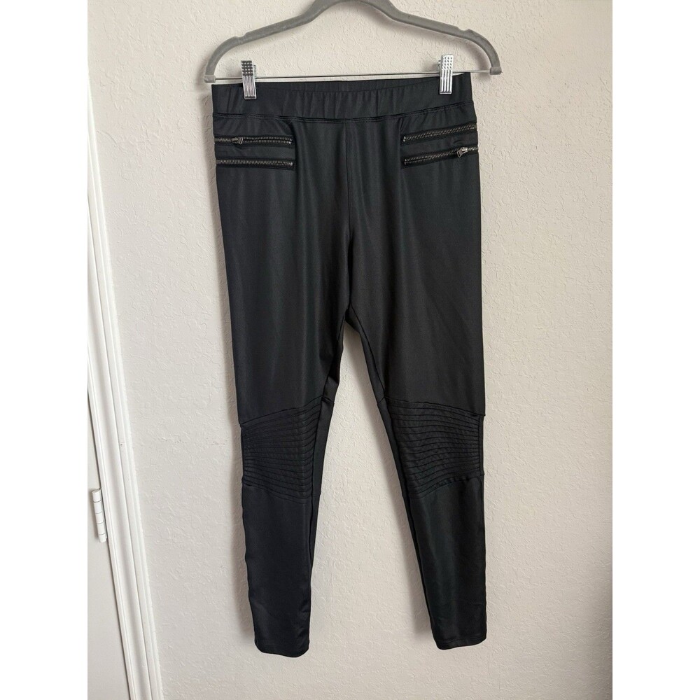 Express Women’s Medium Black Moto Leggings Zip Pockets Ribbed Knee Skinny